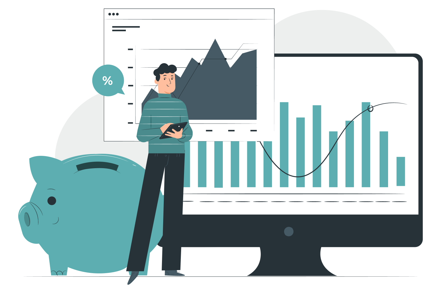 man with tablet and piggy bank. graphs on tablet